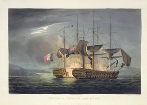 الاستيلاء على L&39;Hercule ، 20 أبريل 1797 ، نقشها توماس ساذرلاند لـ "الإنجازات البحرية" لـ Jenkins ، 1816 (نقش الألوان) بواسطة توماس ويتكومب